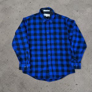 Vintage John Ashford Black & Blue Plaid Flannel Shirt Wool Buffalo Print Size M